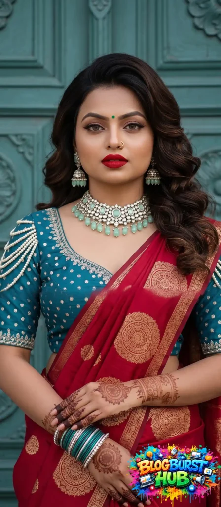 Bride wearing red saree with blue blouse heavy jewelry bridal fashion look