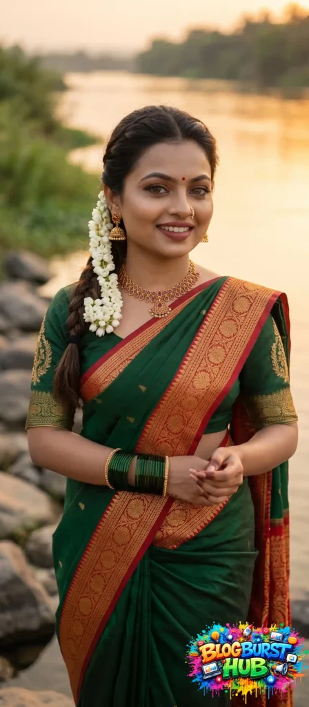 Bride in green silk saree with gold border outdoor bridal photoshoot