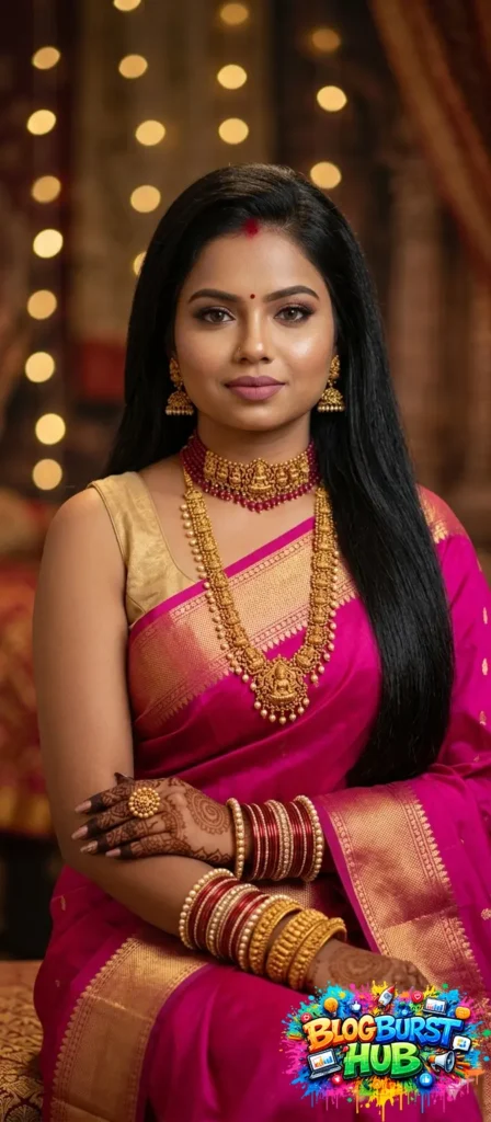 Bride wearing pink silk saree with gold jewelry traditional wedding look
