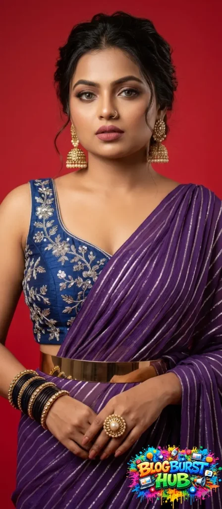 Bride wearing violet saree with modern blouse and jewelry