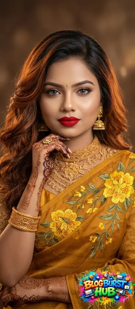 Bride wearing yellow saree with floral embroidery and modern styling