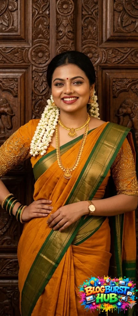Bride wearing yellow silk saree with green border and gold jewelry traditional bridal look