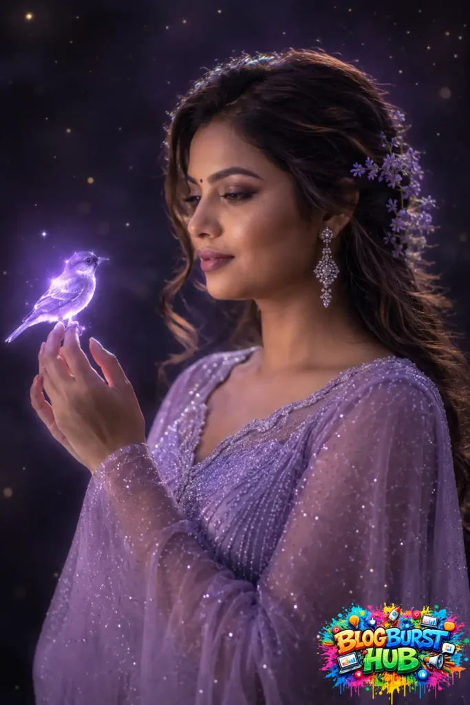 Realistic cinematic AI portrait of a woman holding a glowing bird under a magical night sky.