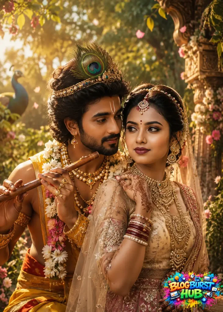 Elegant devotional-inspired portrait of a traditionally dressed couple with flute, floral details, and golden cinematic lighting.