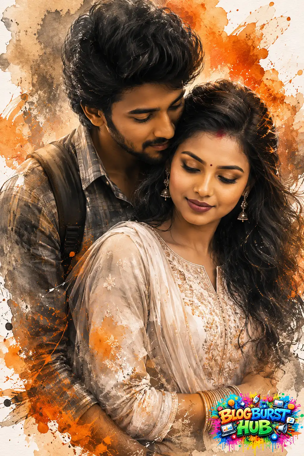 Creative AI-generated romantic couple portrait with artistic splash effect and cinematic mood