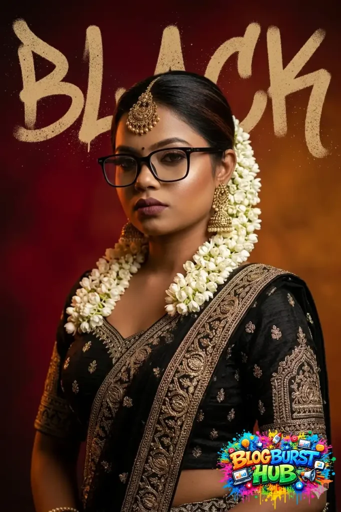 Realistic cinematic portrait of a woman in black traditional attire with dramatic lighting.