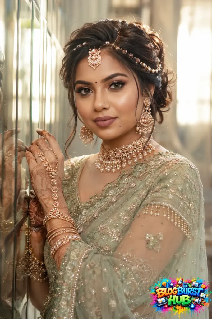 Beautiful Indian bride in pastel green saree with heavy jewelry and cinematic portrait lighting for Instagram AI photo editing
