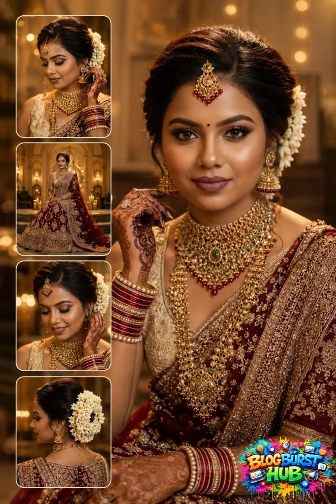 Indian bride wearing red and gold bridal saree with luxury jewelry in cinematic AI portrait collage