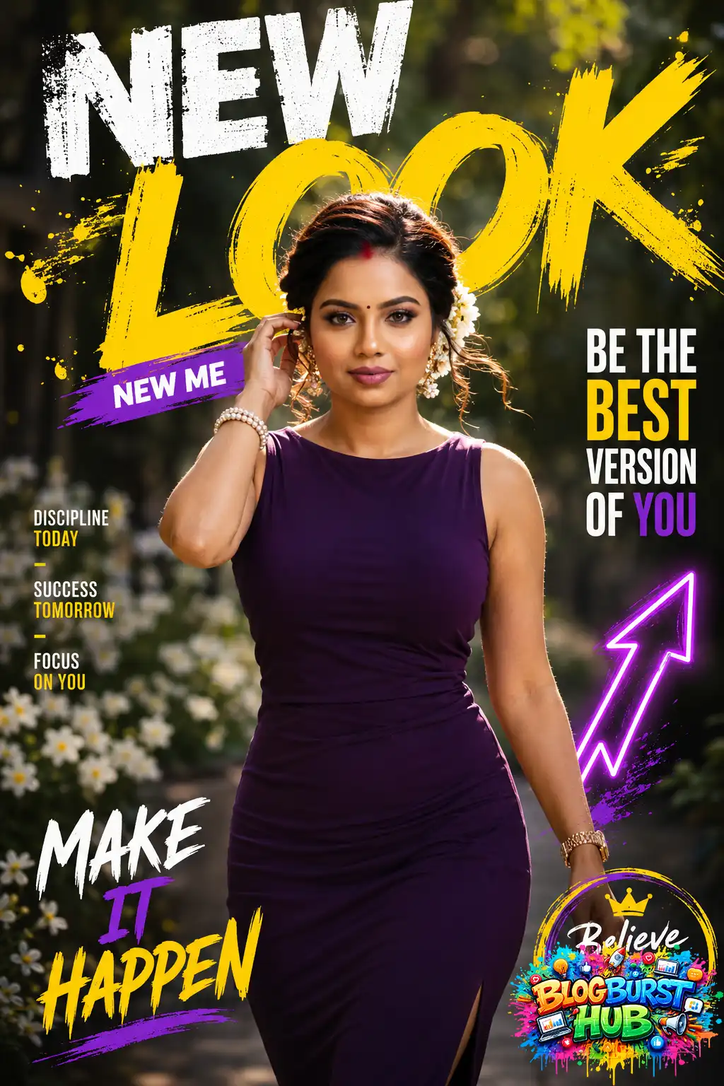 Motivational Instagram poster featuring confident woman in purple dress with bold typography and neon design