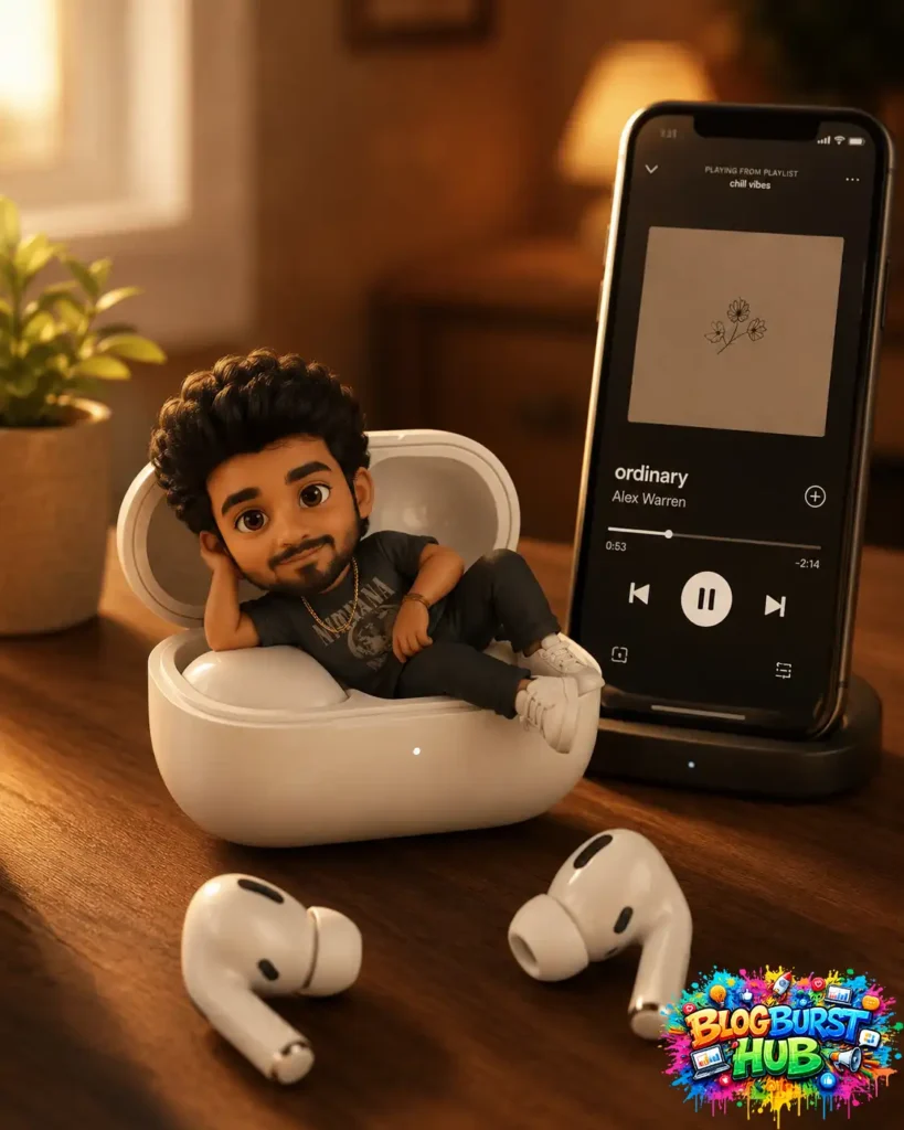 Cute 3D cartoon character sitting inside wireless earbuds beside smartphone music player setup