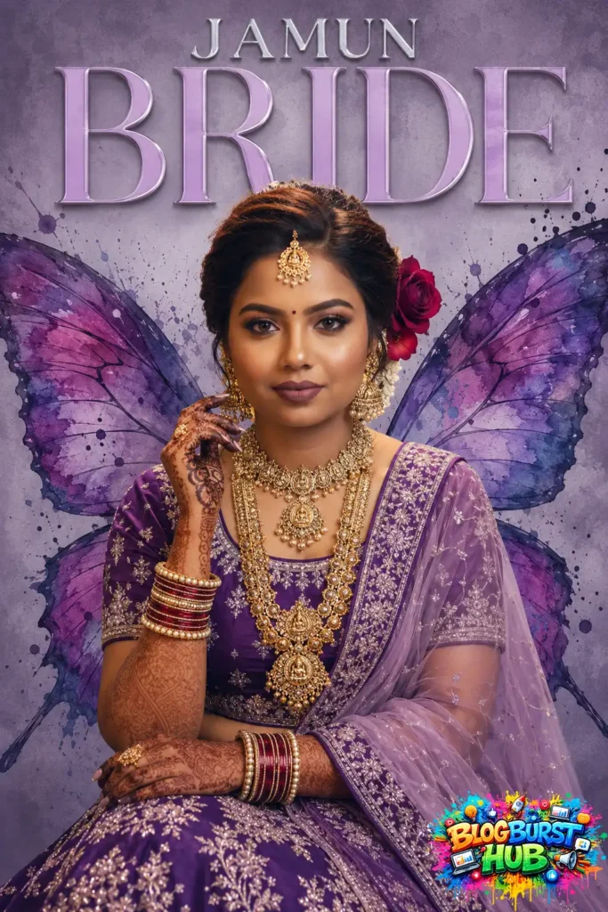 Fantasy bridal portrait with purple butterfly wings and luxury traditional jewelry