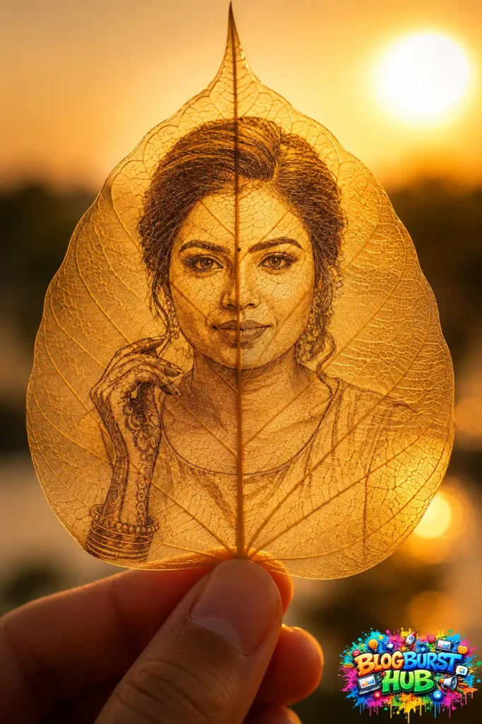 Creative portrait artwork drawn inside transparent leaf against golden sunset background