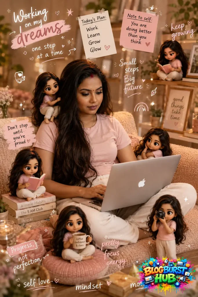 Woman working on laptop surrounded by cute AI mini characters and motivational productivity notes