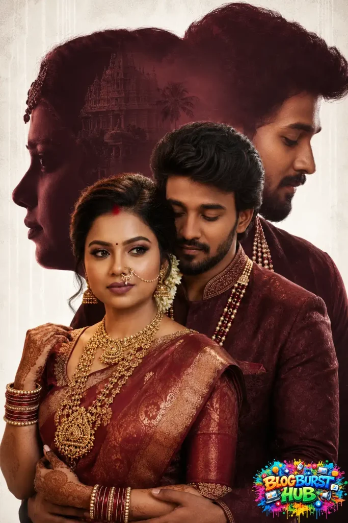 South Indian couple in traditional wedding attire with dramatic cinematic composition and cultural elements.