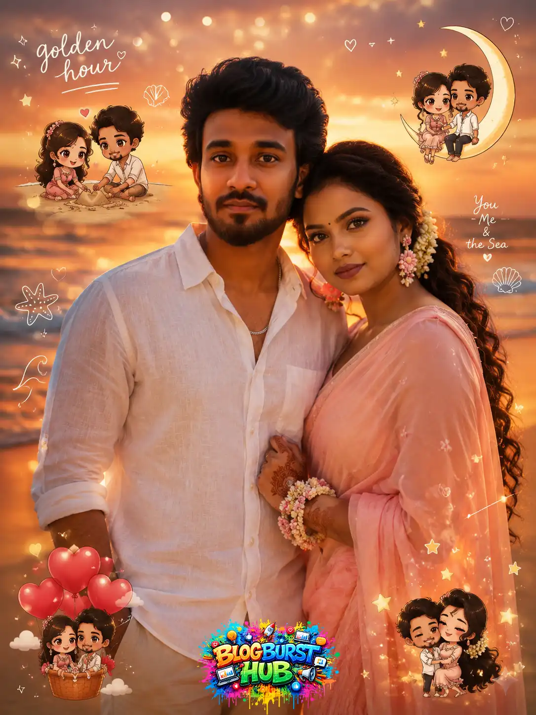 Romantic beachside couple at sunset with miniature cartoon love art and dreamy golden hour aesthetic.