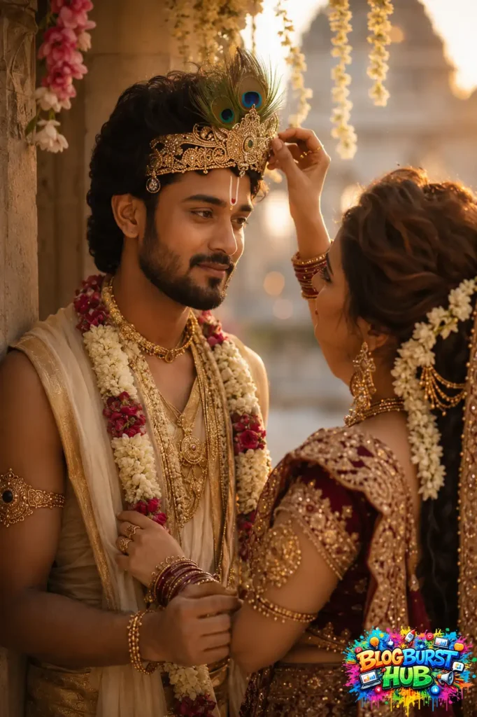 Traditional portrait featuring ornate jewelry, temple-inspired surroundings, and warm evening light.