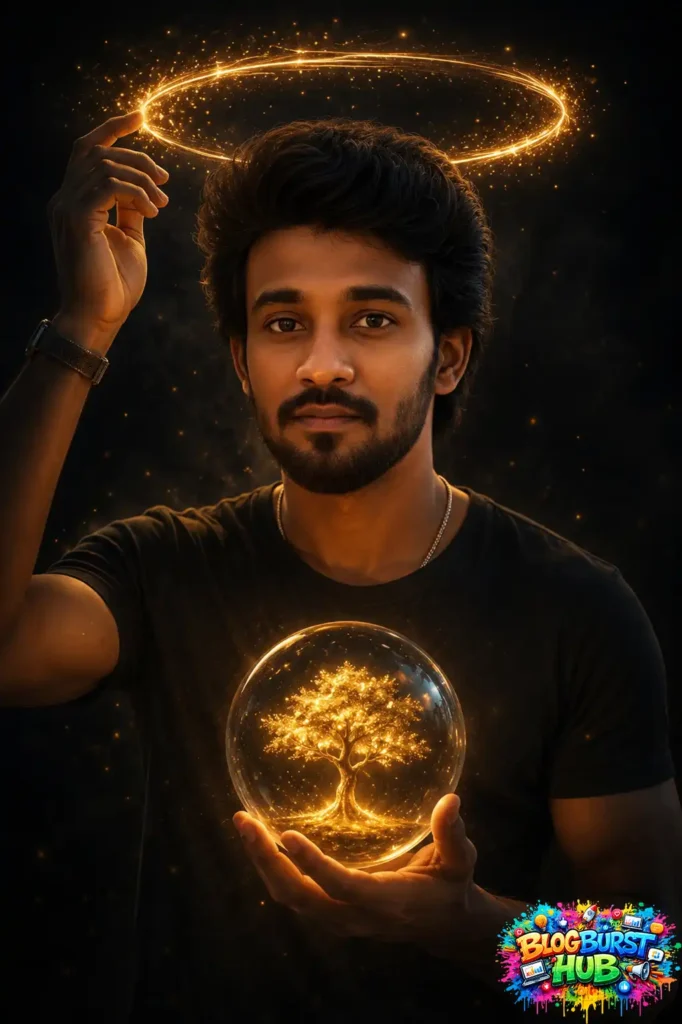 AI fantasy portrait featuring glowing golden halo effects and luminous energy sphere.