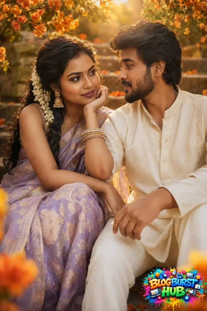Romantic AI-generated couple sitting in a flower garden with warm cinematic golden-hour lighting