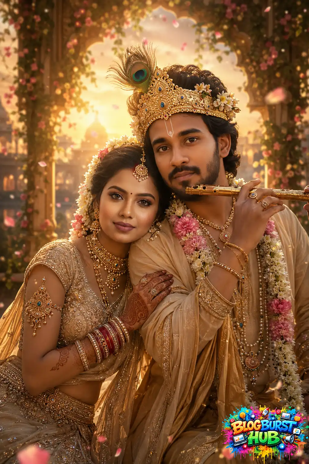 Elegant portrait with floral surroundings, ornate styling, and golden cinematic ambience.