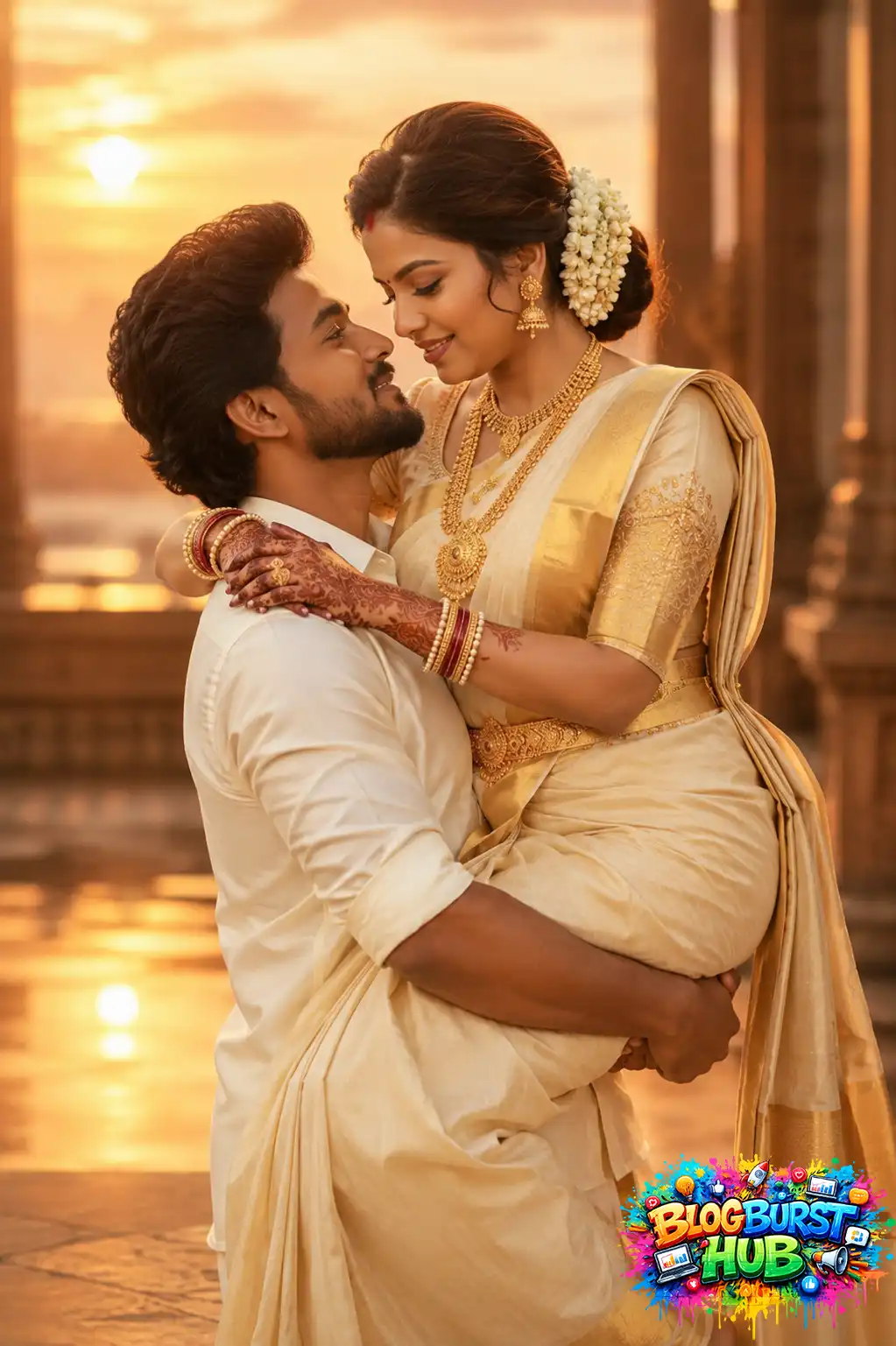 Luxury prewedding photoshoot at sunset featuring traditional South Indian wedding fashion