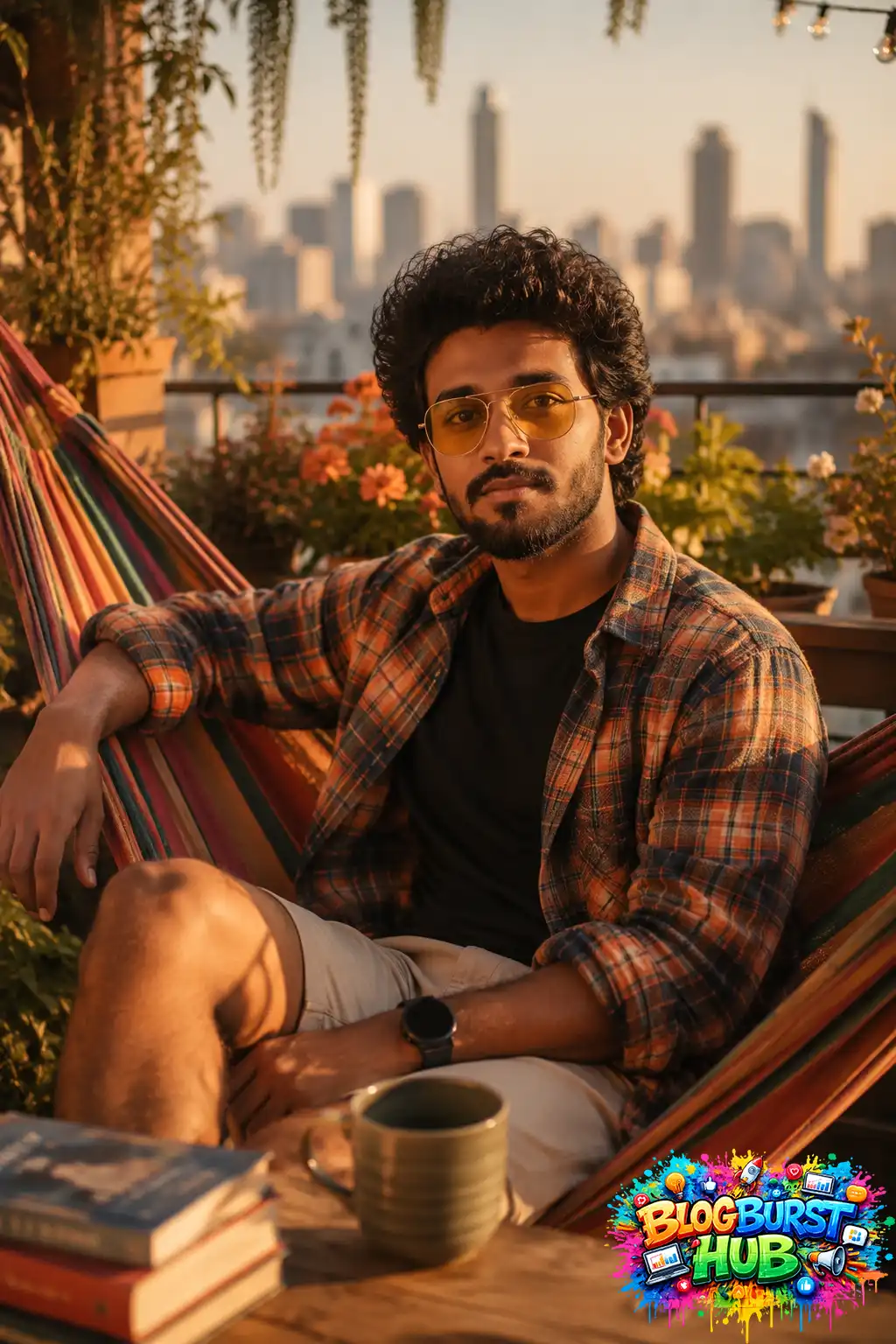 Realistic cinematic AI portrait of a man relaxing in a rooftop hammock with warm golden-hour city lighting.