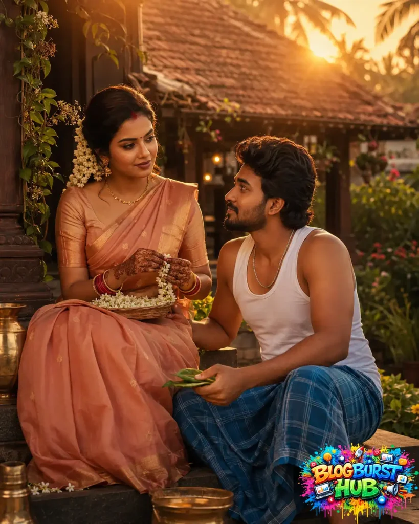 Traditional romantic AI couple portrait during golden hour with warm village atmosphere