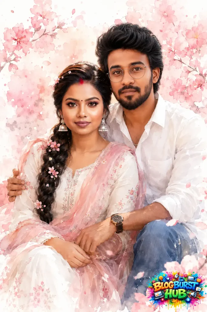 Elegant watercolor portrait of an Indian couple surrounded by pink cherry blossoms in soft pastel traditional outfits.