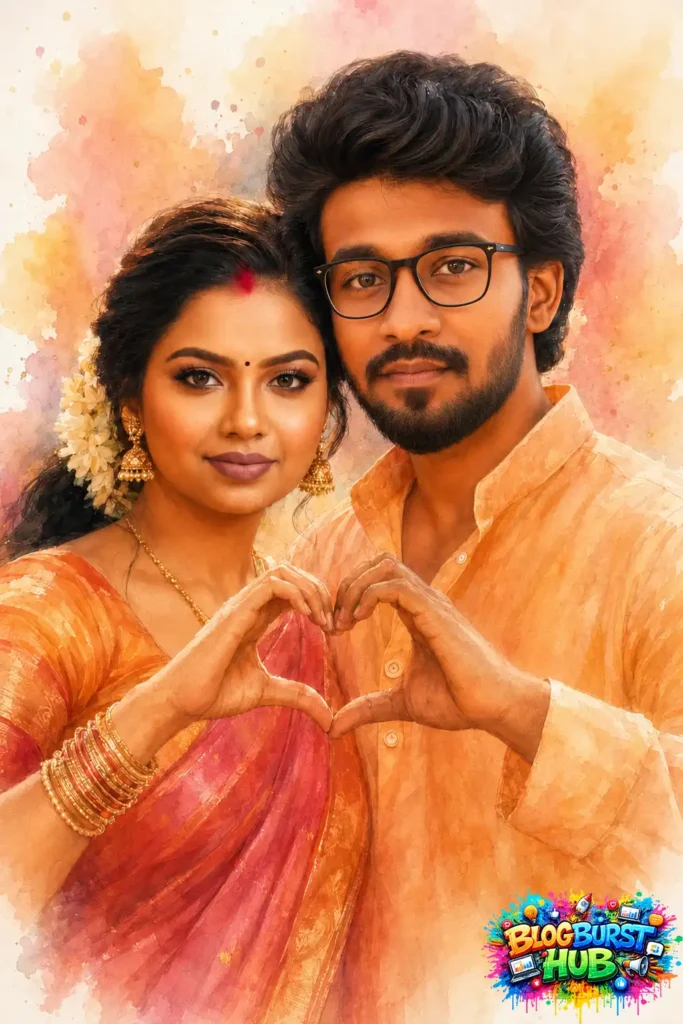 Romantic Indian wedding couple watercolor portrait forming a heart shape with hands in traditional ethnic outfits.