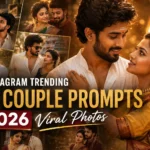 Instagram Trending AI Couple Prompts 2026 featuring romantic Indian couple portraits, cinematic AI-generated photos, viral Instagram reel and profile picture ideas.