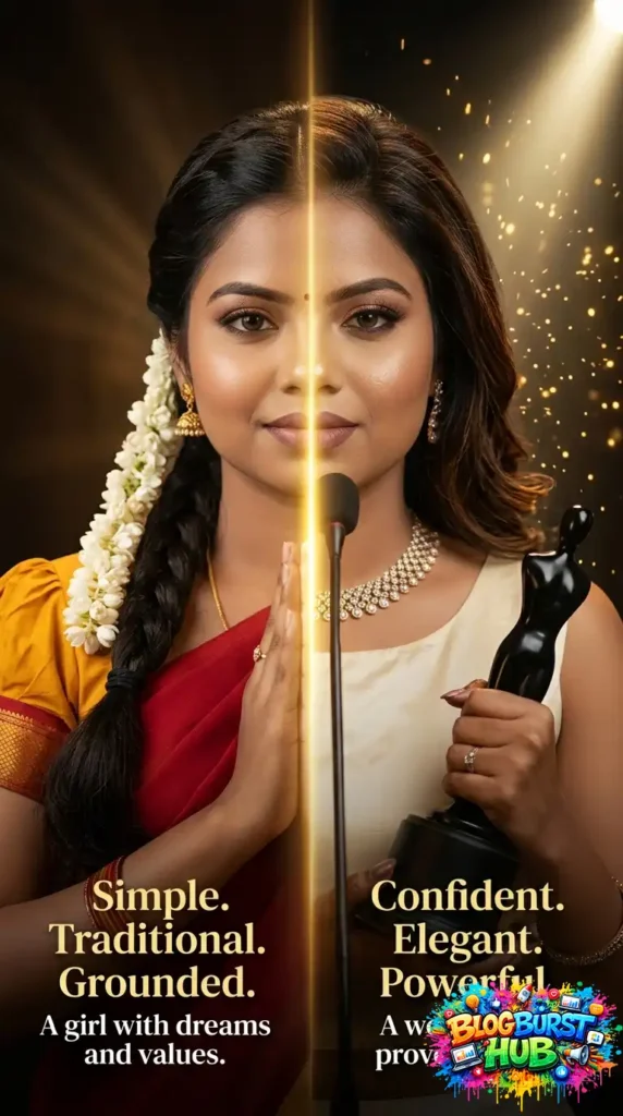 Split portrait of Indian woman showing traditional cultural look and modern successful personality with cinematic lighting.