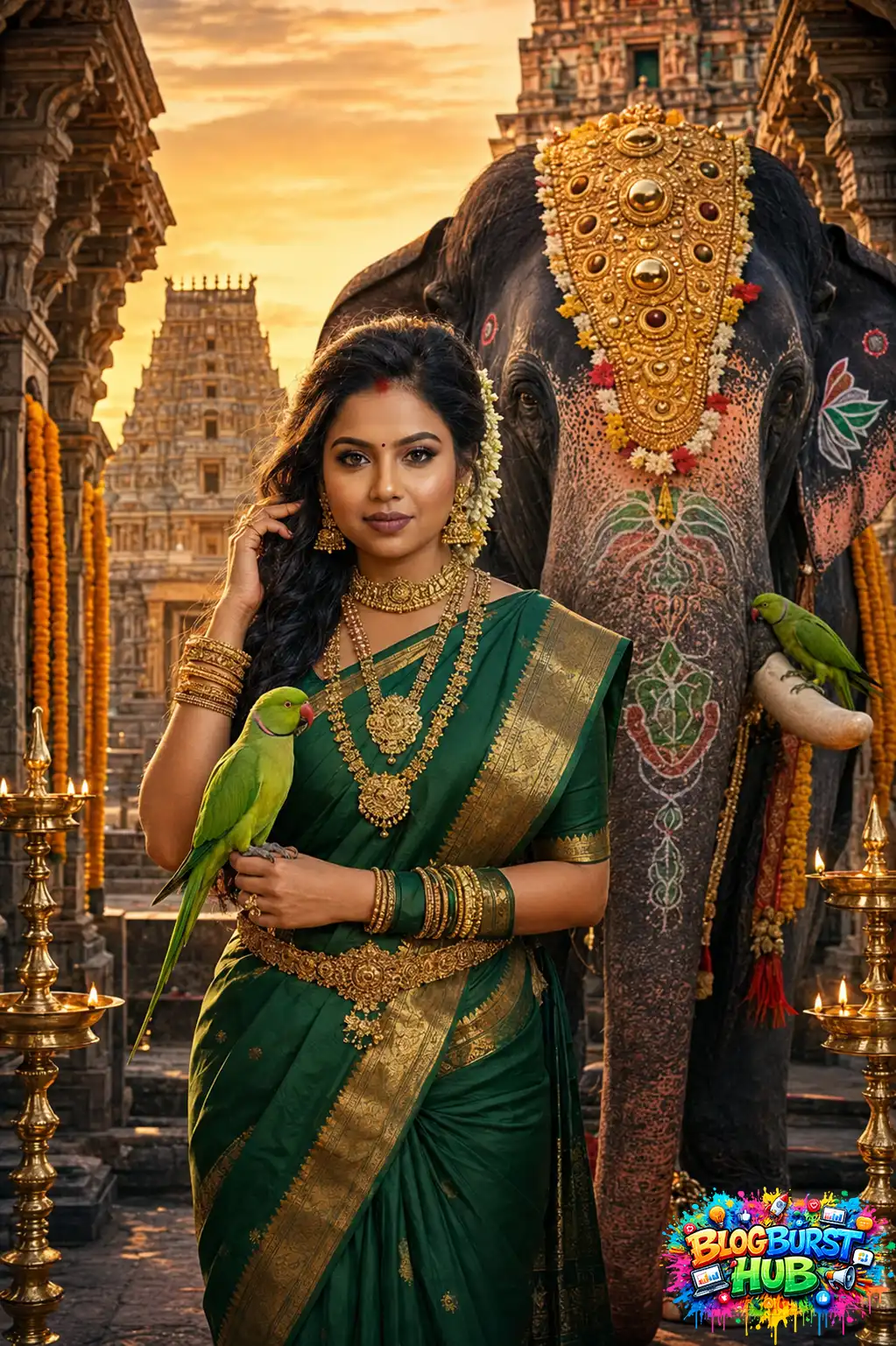 Indian woman in green silk saree standing beside decorated elephant at ancient temple during golden sunset.