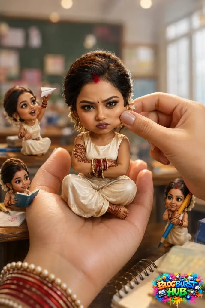Cute miniature AI doll version of an Indian woman sitting in hands with playful classroom-themed tiny characters around.