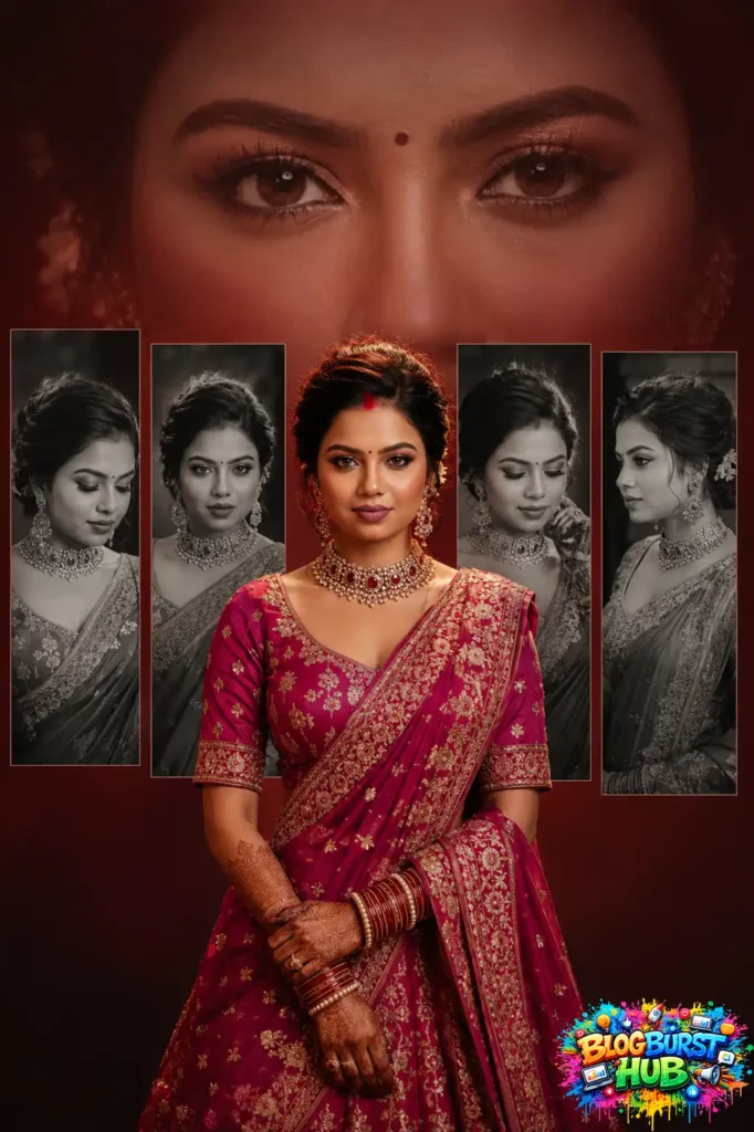 Elegant Indian bridal portrait in a pink saree with cinematic multi-frame collage and dramatic beauty close-up background.