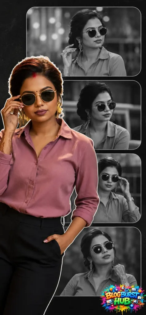 Modern Indian woman wearing sunglasses and formal outfit with monochrome cinematic portrait collage background.