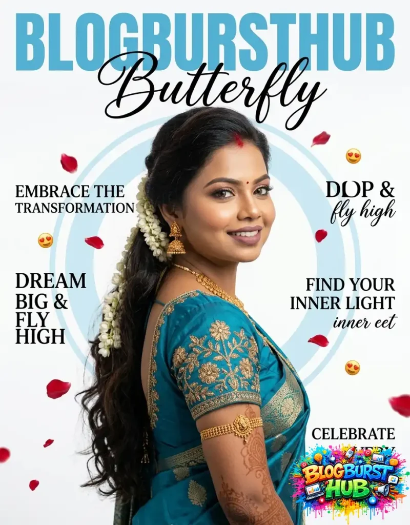 Elegant Indian woman in blue saree with butterfly-inspired motivational Instagram poster design and floral elements.