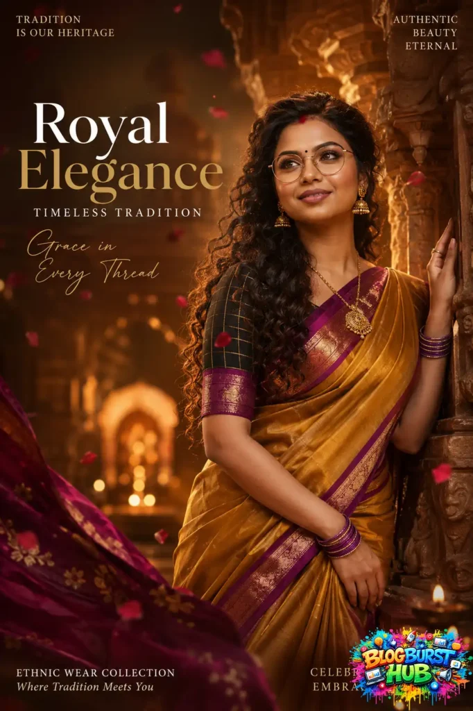 Beautiful Indian woman in a golden silk saree standing inside a royal temple with cinematic lighting and luxury fashion styling.