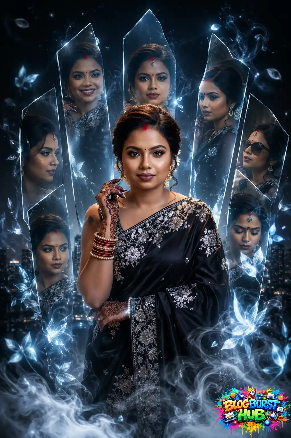 Fantasy-style Indian woman in black saree surrounded by glowing crystal reflections and mystical cinematic smoke effects.