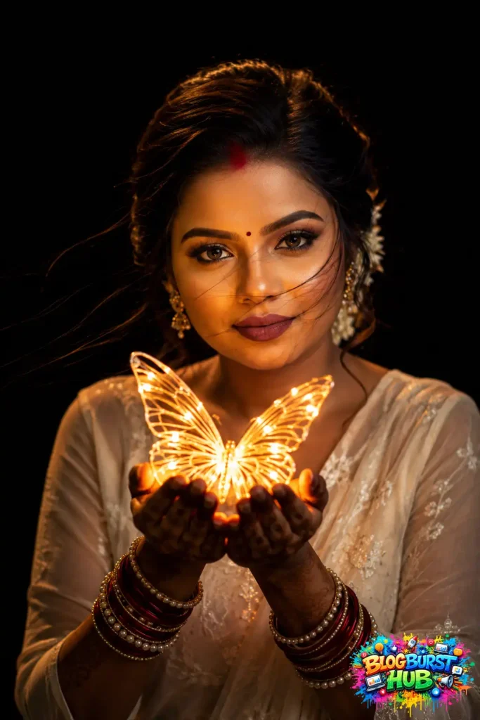 Beautiful Indian woman holding a glowing butterfly light with cinematic dark background and dreamy lighting.