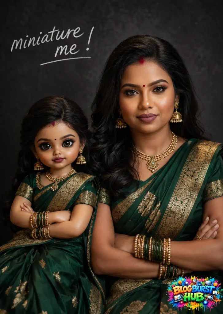 Indian woman posing beside her miniature AI clone wearing matching green traditional sarees and jewelry.