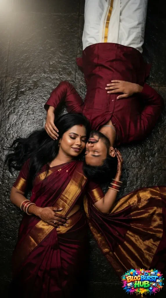 South Indian romantic couple lying together in traditional attire during a cinematic top-view photoshoot