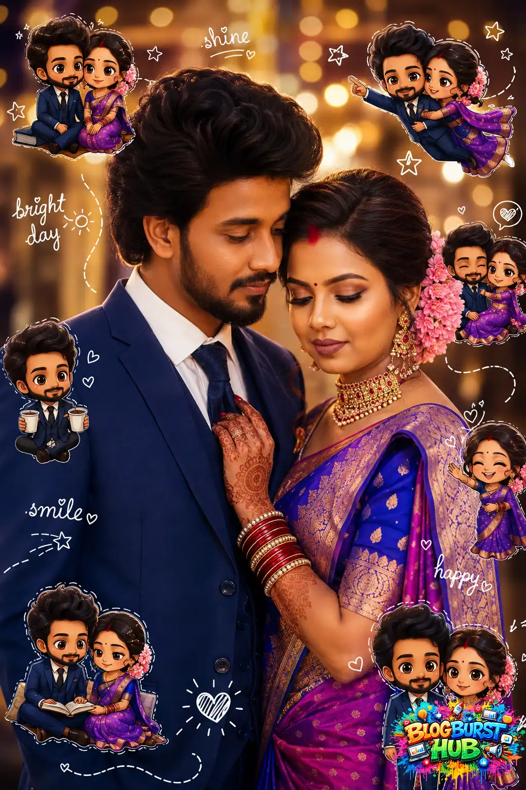 Romantic couple portrait with cute miniature cartoon illustrations and glowing aesthetic background