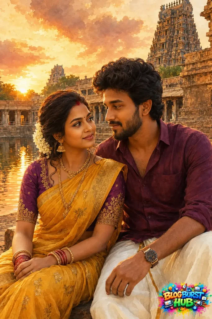 Romantic Indian couple sitting near ancient temple during golden sunset hour