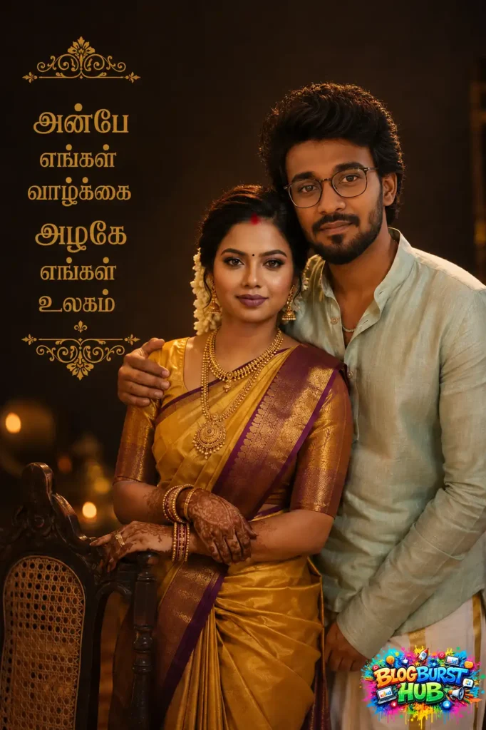 Traditional South Indian couple posing together with romantic Tamil quote and warm lighting