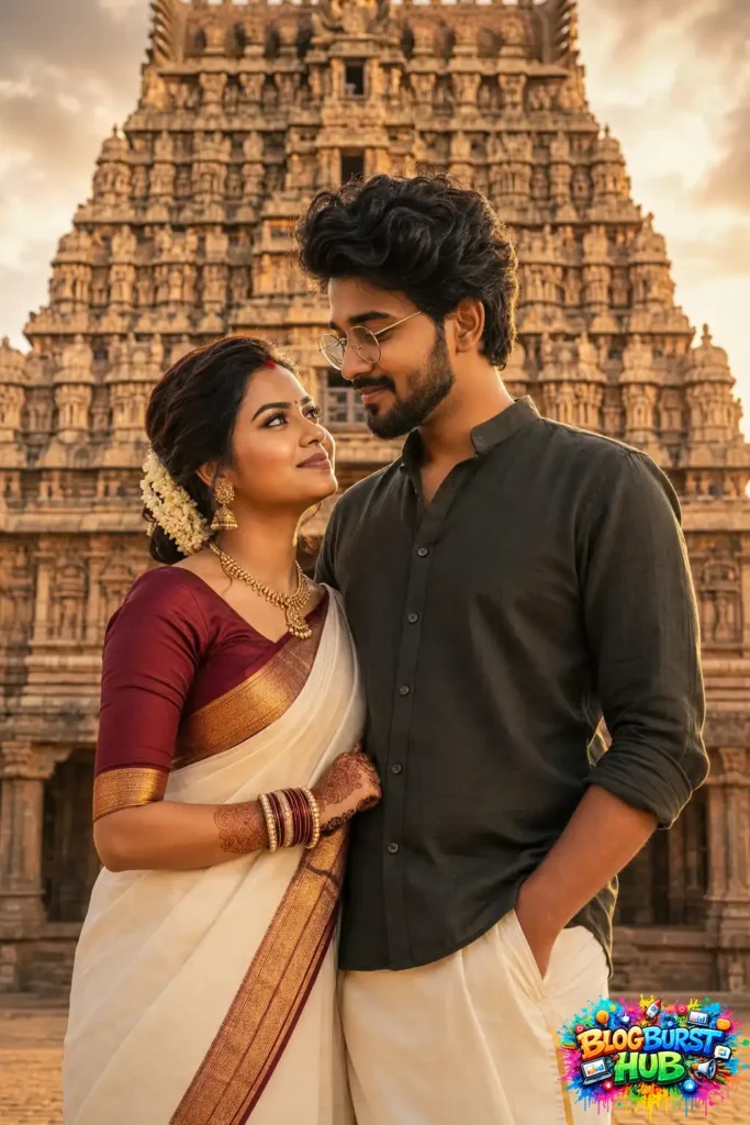 South Indian romantic couple standing in front of ancient temple architecture during sunset