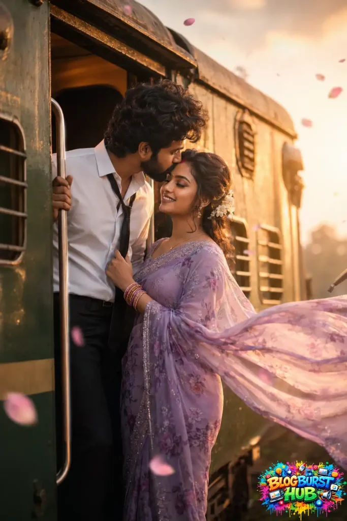 Romantic couple sharing emotional moment near train door during sunset