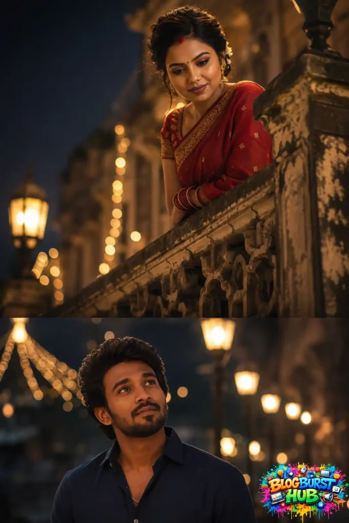 Two-frame cinematic romantic scene featuring emotional couple moments with glowing night lights
