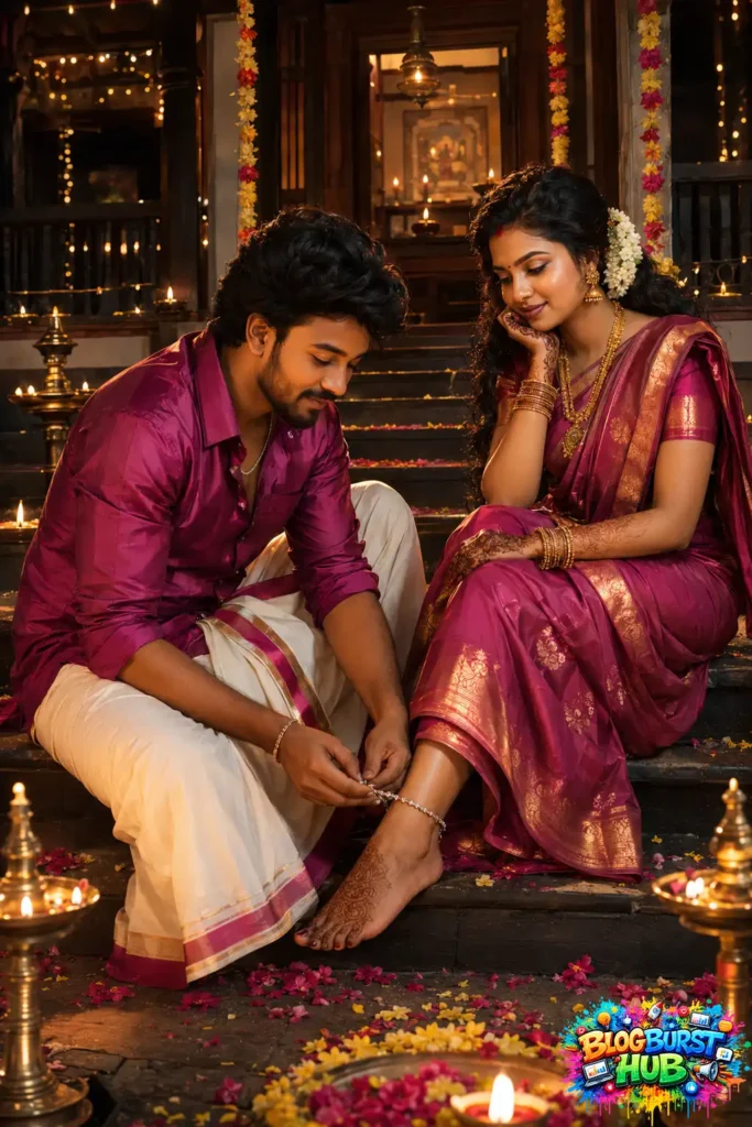 South Indian romantic couple in traditional attire sharing an emotional festival moment with warm lights and candles