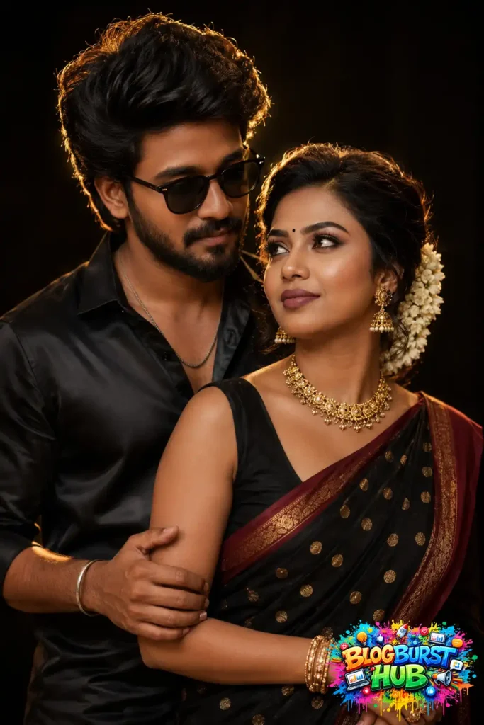 Stylish AI-generated couple portrait with black traditional outfit and cinematic luxury lighting