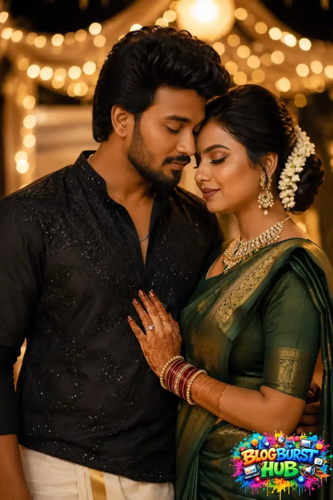 Luxury prewedding portrait with cinematic evening lights and traditional Indian outfits