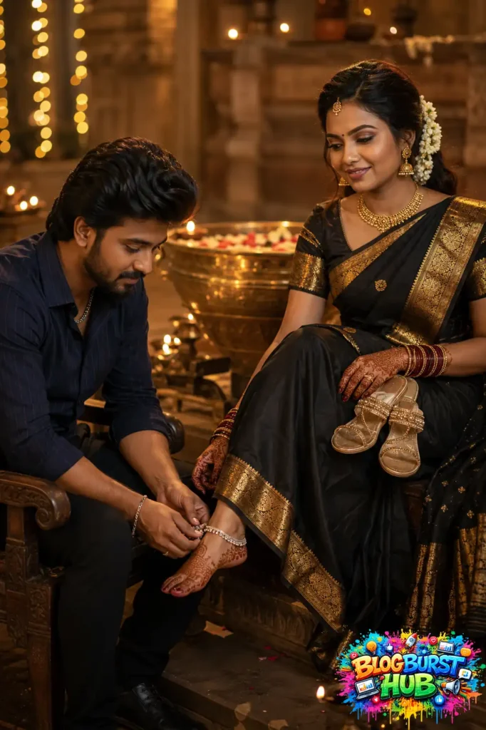 Elegant South Indian prewedding photography with black saree and luxury indoor wedding styling
